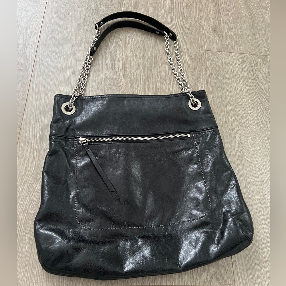 Vintage Coach Poppy Slim Crackle Black Leather Chain Shoulder Bag